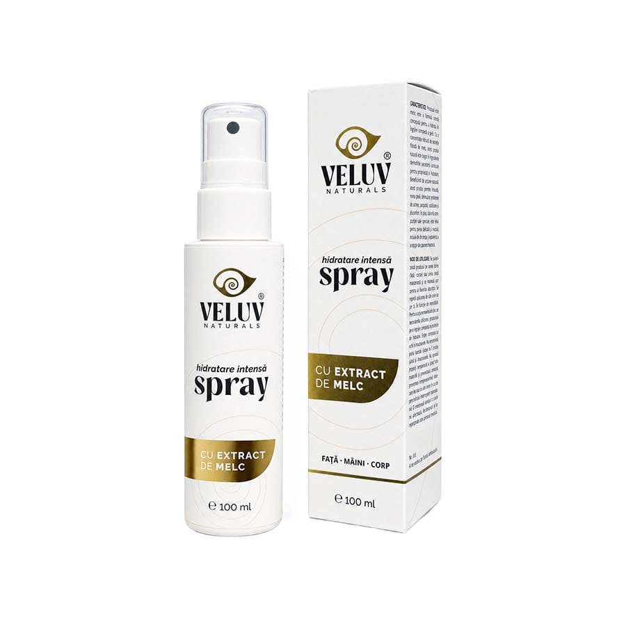 Spray de hidratare Veluv Naturals 100ml alături de cutia de prezentare a produsului