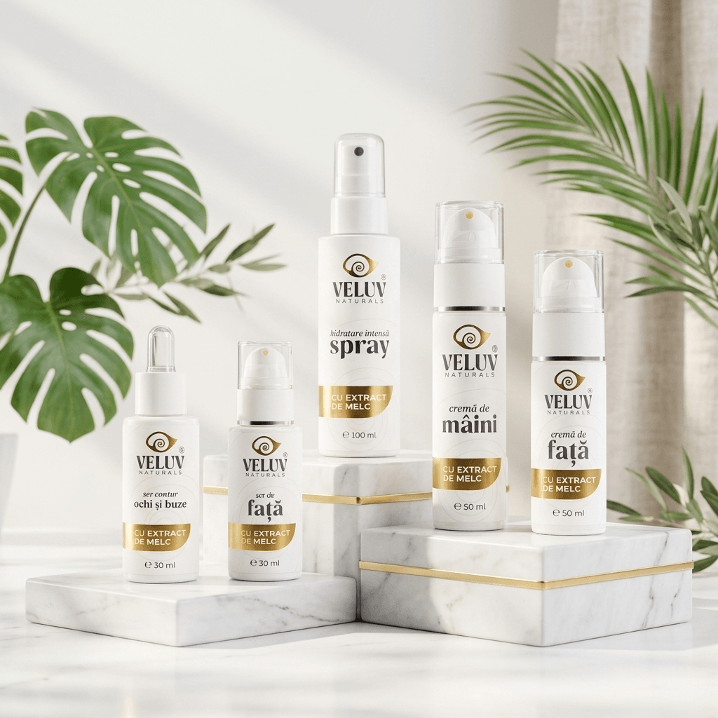 Colecție completă de produse cosmetice naturale VELUV Naturals aranjate pe un podium de marmură